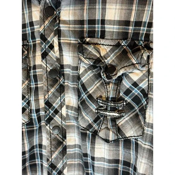 Buckle Black Men’s Shirt Small Slim Fit Snaps Plaid Black White Blue Long Sleeve - Picture 2 of 6